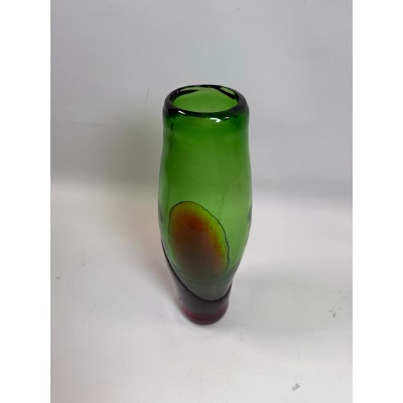 Vintage MCM Studio Art Glass Vase 10” – Green w/ Red Inclusion, Blenko style